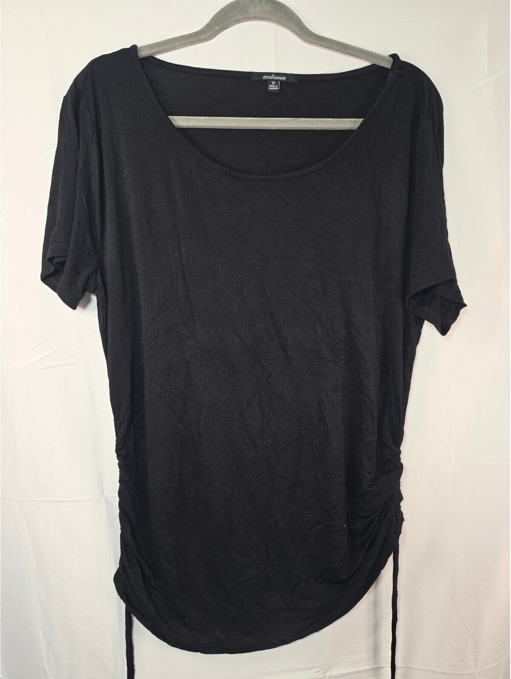 Ambiance 3X Black Ruched Side Tie Tunic Top Plus Size Short Sleeve